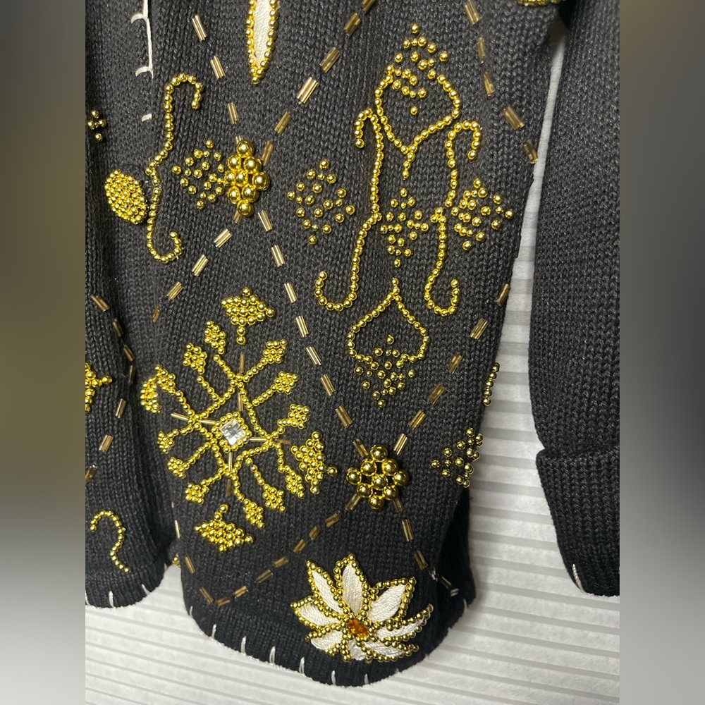 Vintage Victoria Harbour Cardigan Knit Beaded Sweater Black Gold Y2K L - Picture 11 of 13